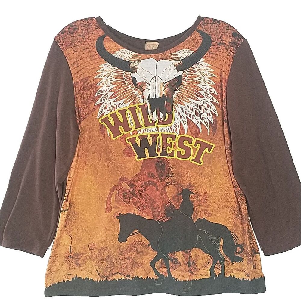 Big Bang Womens SIze XL 3/4 Sleeve Brown & Black Top Wild West Front Print
